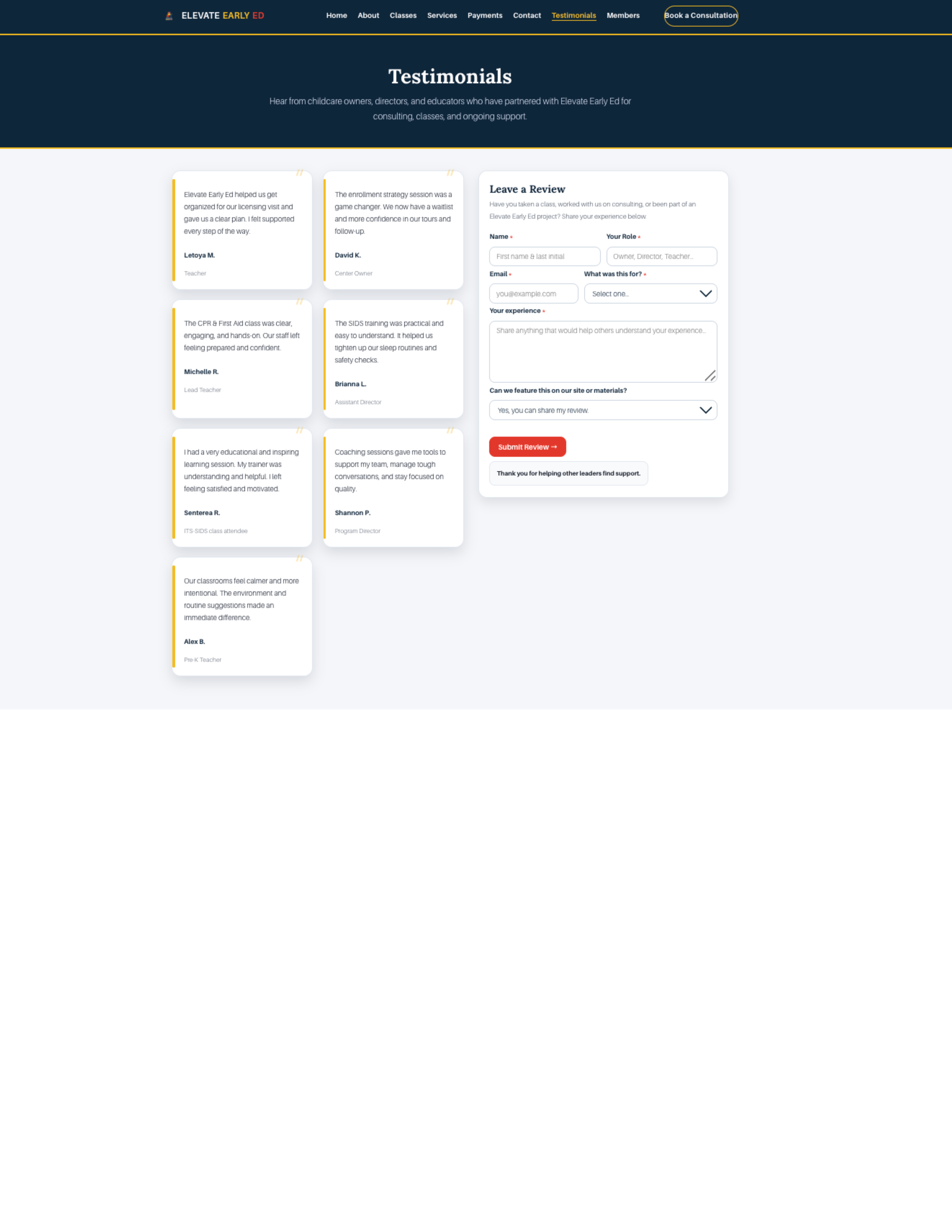 Testimonials after - client reviews with Leave a Review form