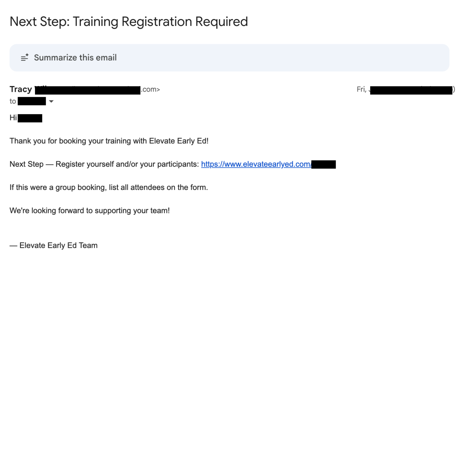 Booking Confirmation Email - Next Step: Training Registration Required