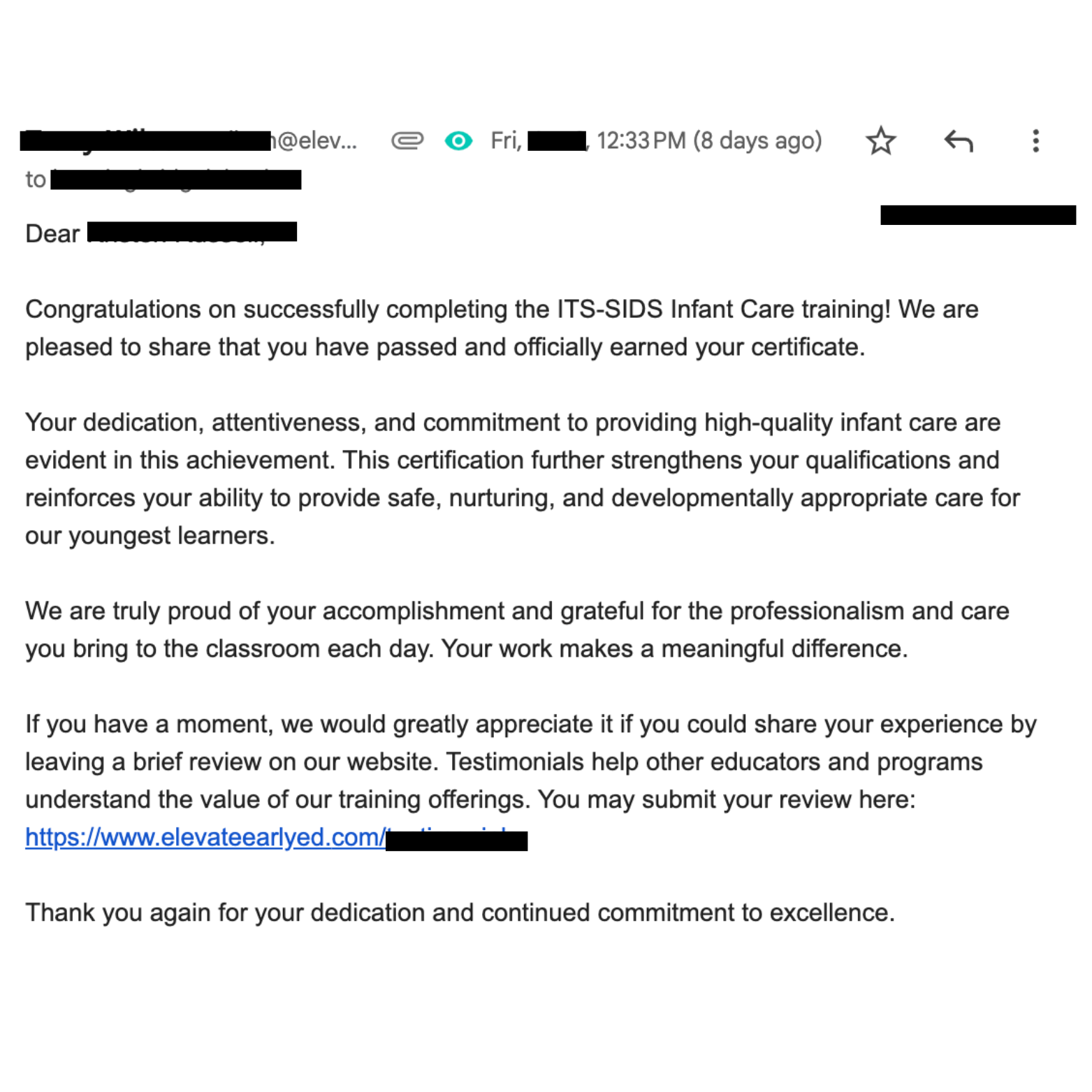 Post-Training Follow-up Email - Congratulations on completing ITS-SIDS training