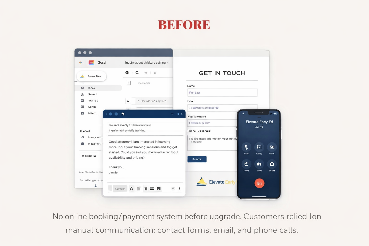 Before - manual booking via Gmail, contact forms, and phone calls