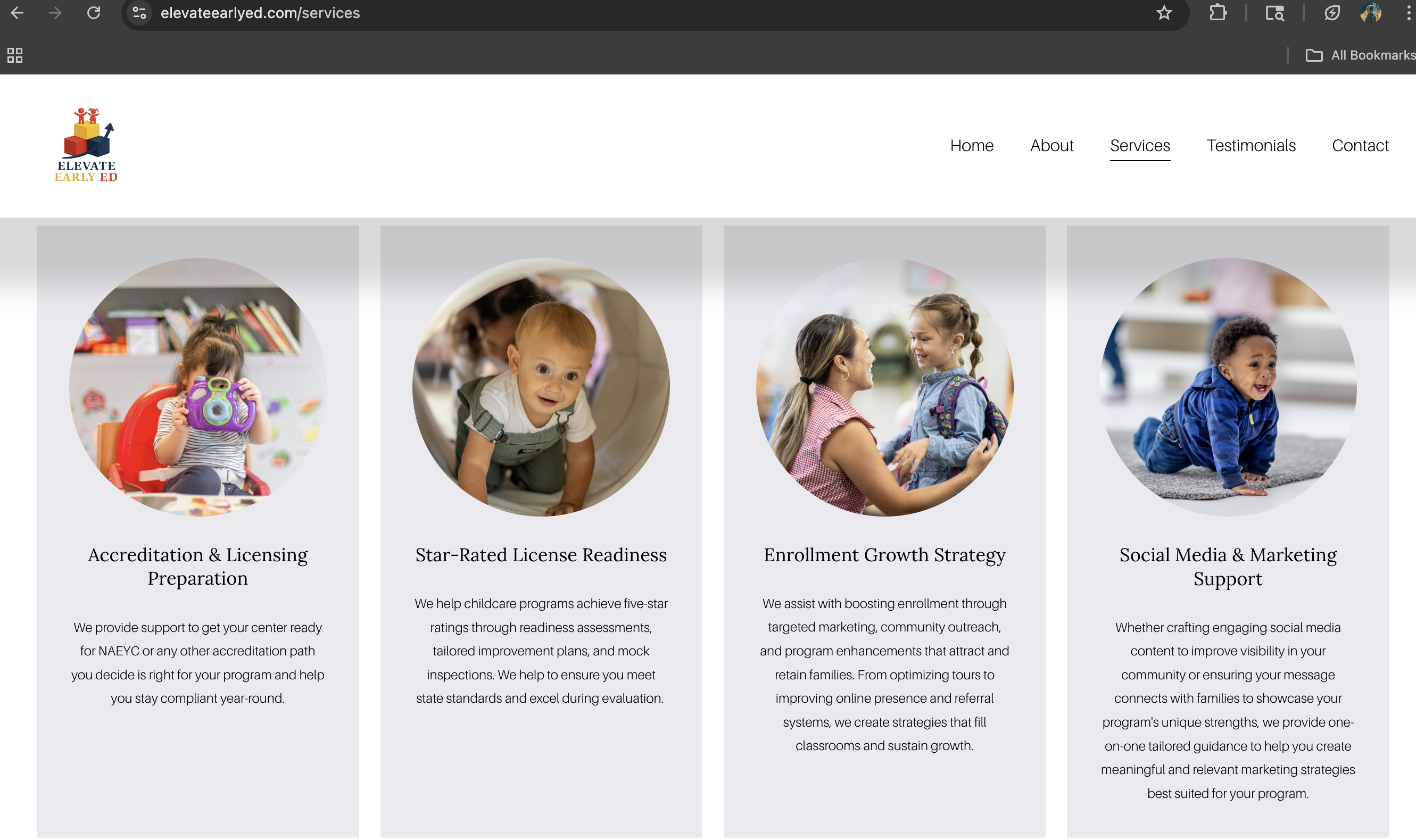 Services before - 4 circular service cards with basic layout